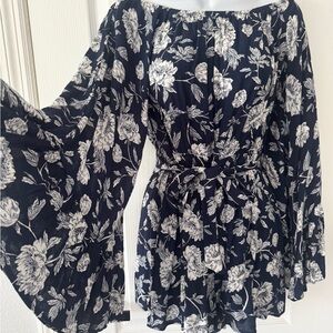 HYFVE Floral Off-Shoulder Romper in Navy and White